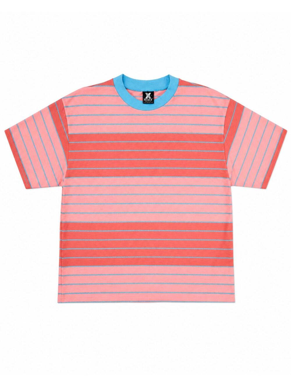 Vintage 90s XSTATX USA Striped T Shirt Large Neon Coral Aqua Surf Skate Made USA